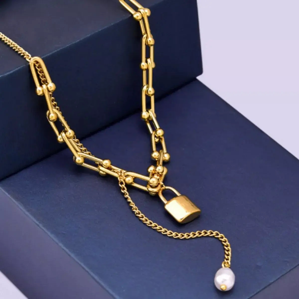 18K Gold-Plated Lock Pendant Necklace - Trendsi - Flyclothing LLC
