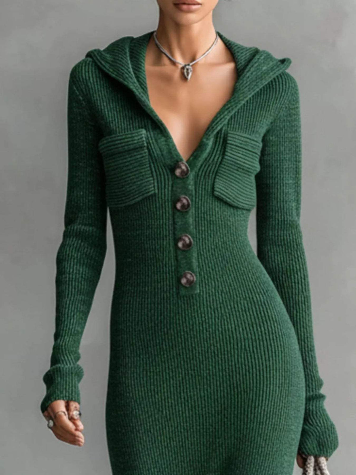 Hooded Knit Maxi Dress with Button-Up Placket and Chest Pockets - Trendsi - Flyclothing LLC