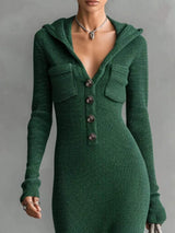 Hooded Knit Maxi Dress with Button-Up Placket and Chest Pockets - Trendsi - Flyclothing LLC
