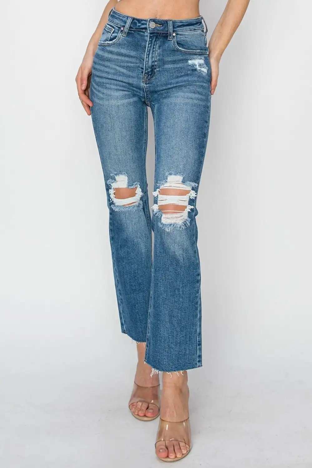 RISEN High Rise Distressed Ankle Jeans - Trendsi - Flyclothing LLC