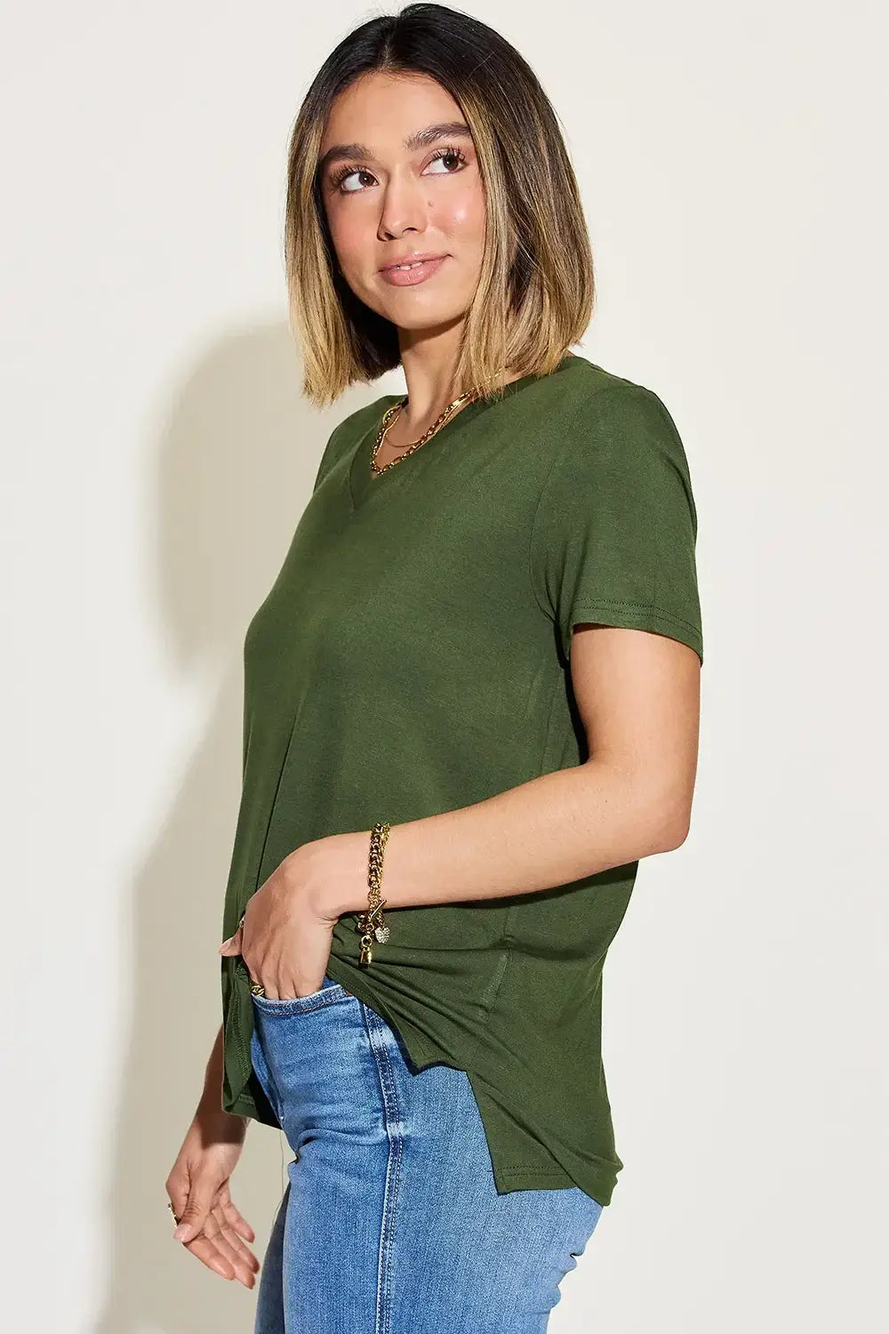 Basic Bae Full Size V-Neck High-Low T-Shirt - Trendsi - Flyclothing LLC