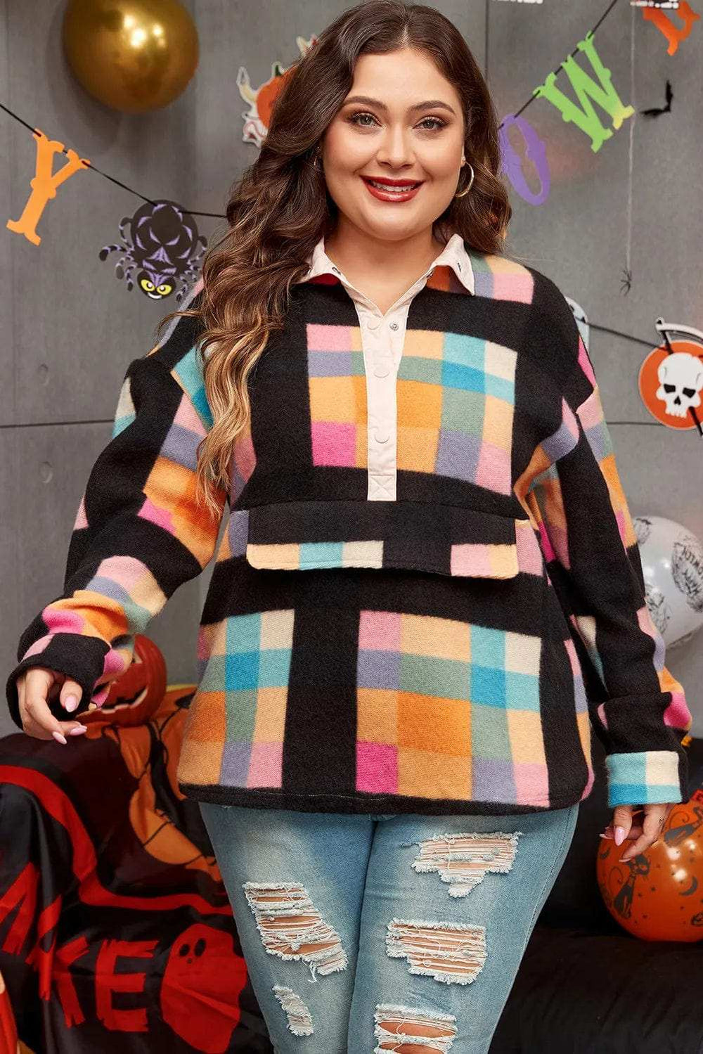 Plus Size Color Block Half Snap Long Sleeve Sweatshirt - Trendsi - Flyclothing LLC