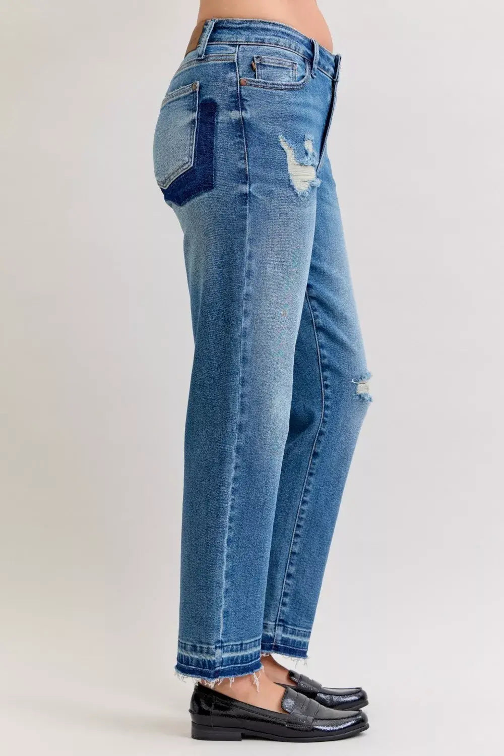 Judy Blue Full Size Mid Rise Bf Patch & Repair Destroy Release Hem Jeans Plus Size - Trendsi - Flyclothing LLC