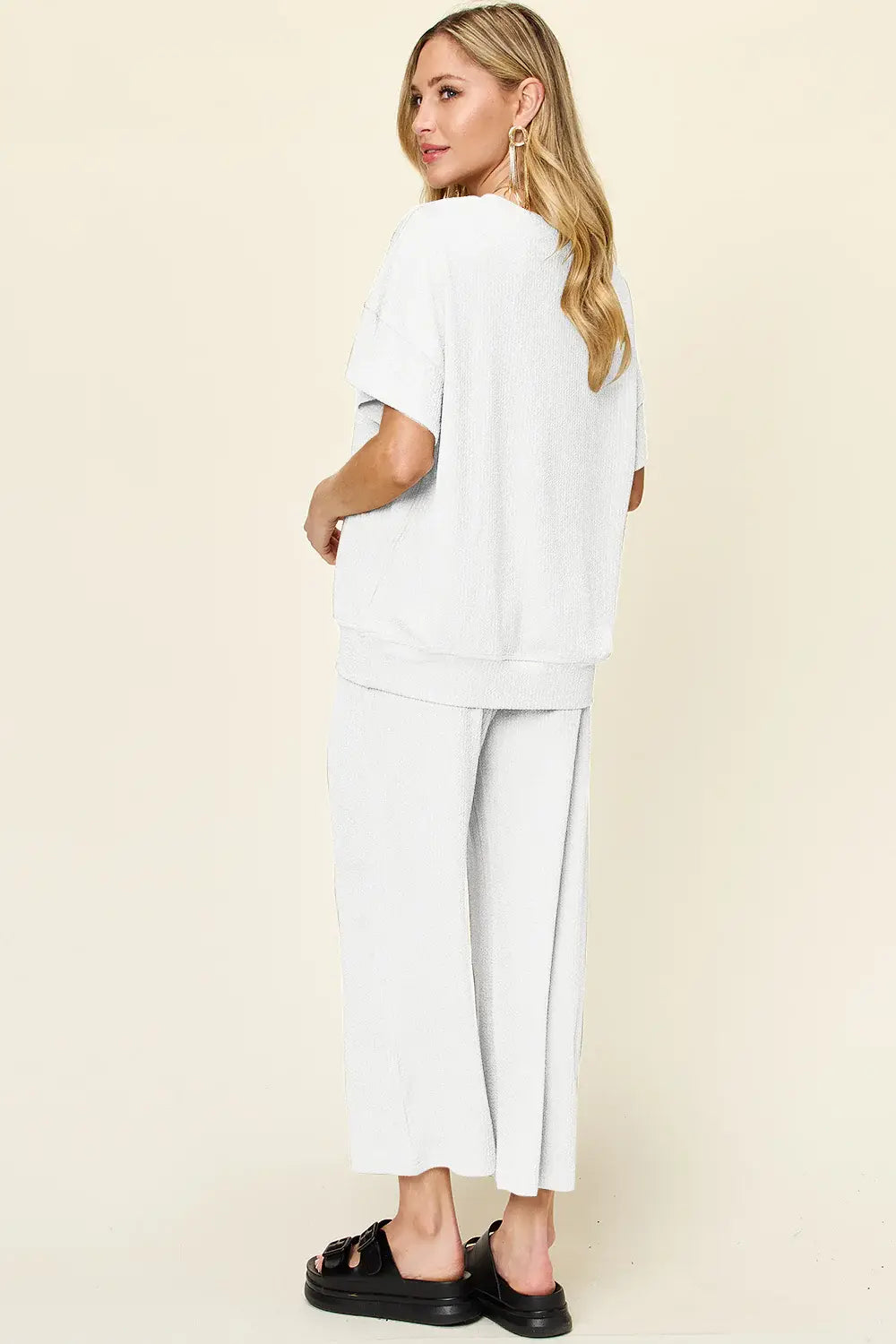 Double Take Full Size Texture Round Neck Short Sleeve T-Shirt and Wide Leg Pants - Trendsi - Flyclothing LLC