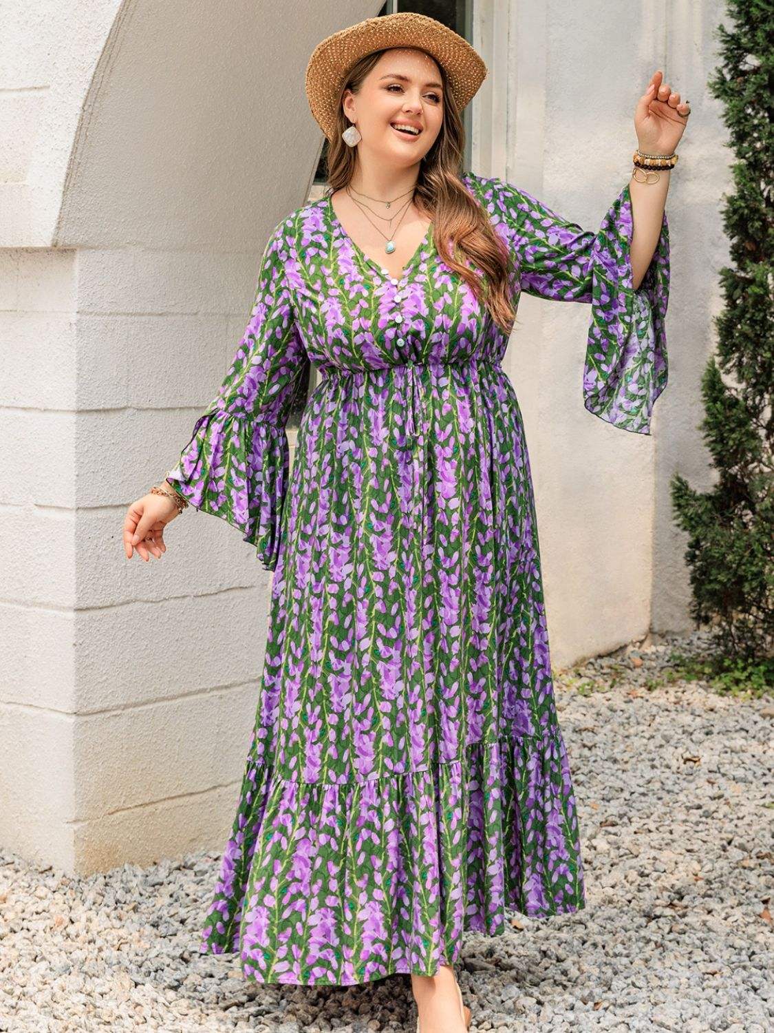 Plus Size Printed V-Neck Long Sleeve Maxi Dress - Trendsi - Flyclothing LLC