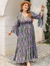 Plus Size Printed V-Neck Long Sleeve Maxi Dress - Trendsi - Flyclothing LLC