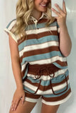 Stripe Button Polo Collar Tee Drawstring Elastic Waist Patchwork 2pcs Short Set - Trendsi - Flyclothing LLC