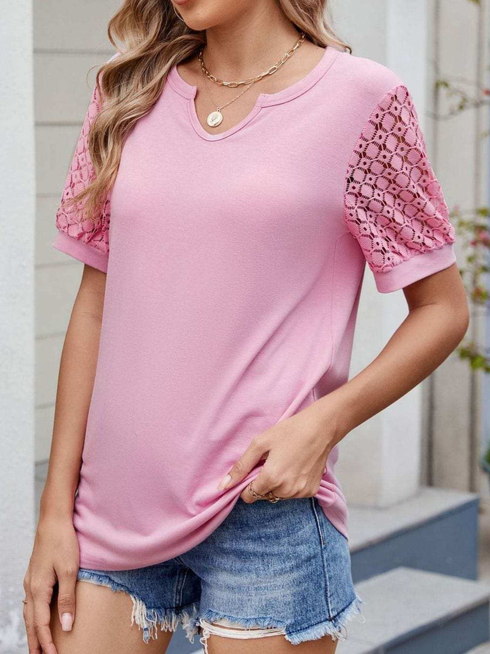 Lace Short Sleeve T-Shirt - Trendsi - Flyclothing LLC
