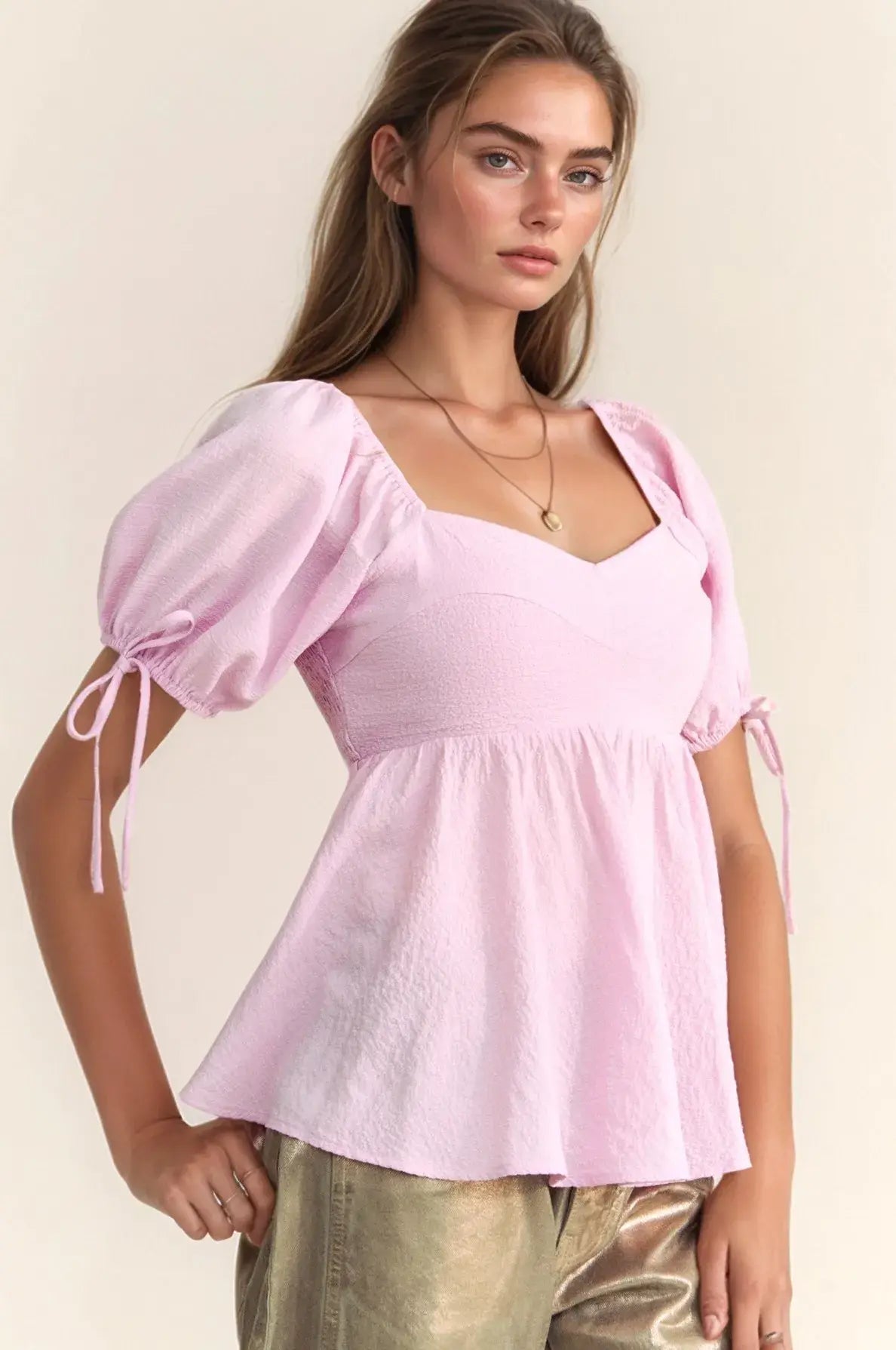 Davi & Dani Solid Elastic Peplum Puffed Sleeves Blouse - Trendsi - Flyclothing LLC