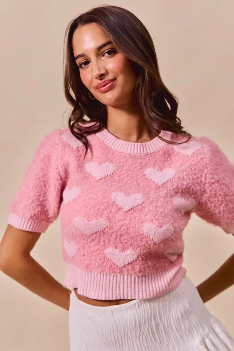 SO ME All Over Heart Valentine Cropped Sweater - Trendsi - Flyclothing LLC