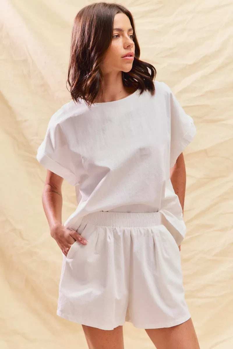 SO ME Round Neck Short Sleeve Top and Shorts Set - Trendsi - Flyclothing LLC