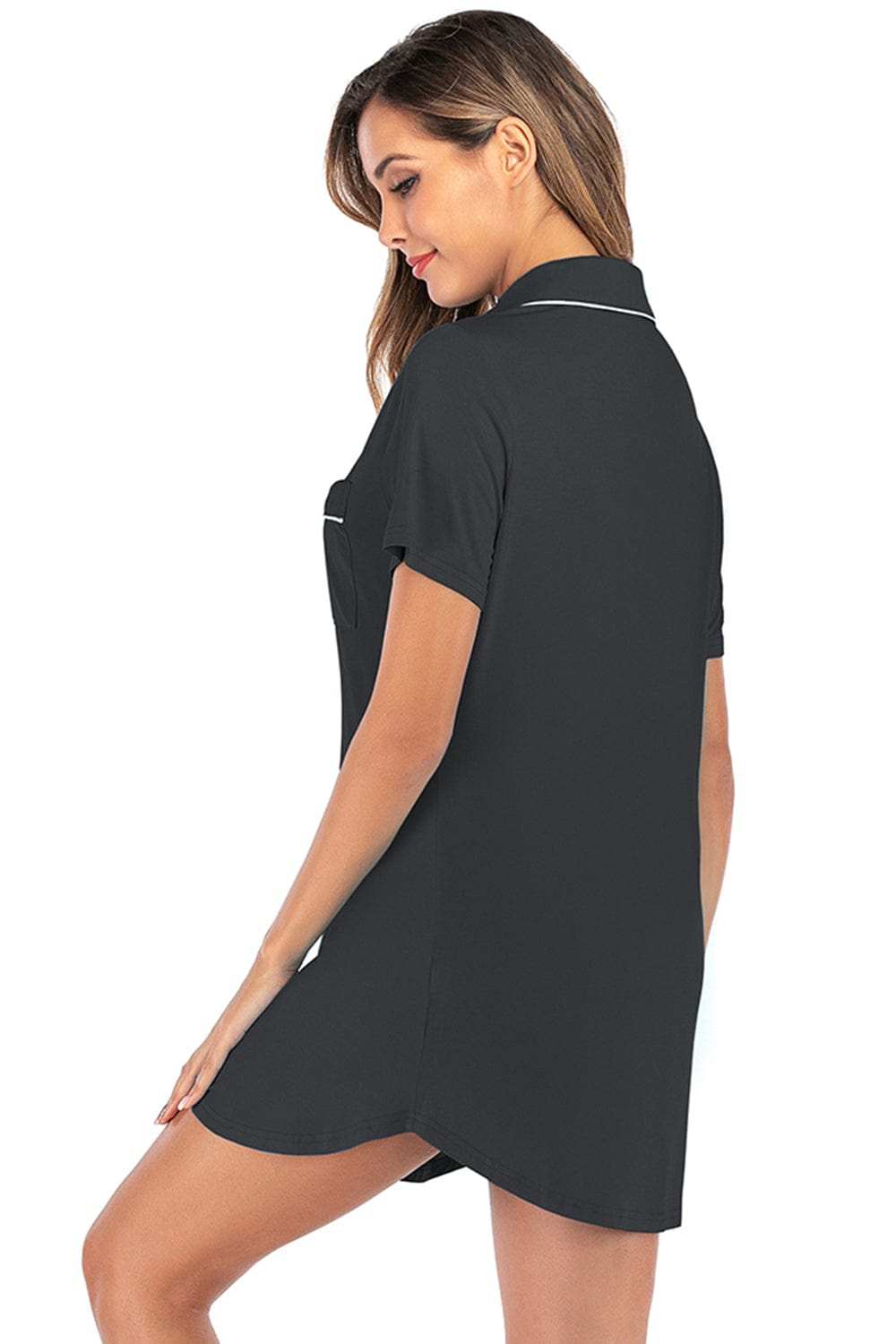 Contrast Piping Pocketed Short Sleeve Lounge Dress - Trendsi - Flyclothing LLC