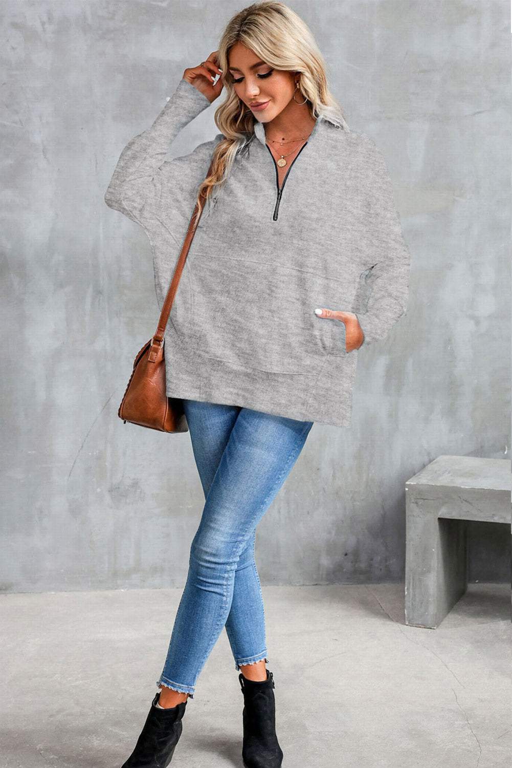 Half Zip Pocketed Dropped Shoulder Sweatshirt - Trendsi - Flyclothing LLC