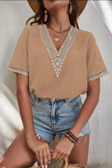 Full Size Lace Detail V-Neck Short Sleeve Blouse - Trendsi