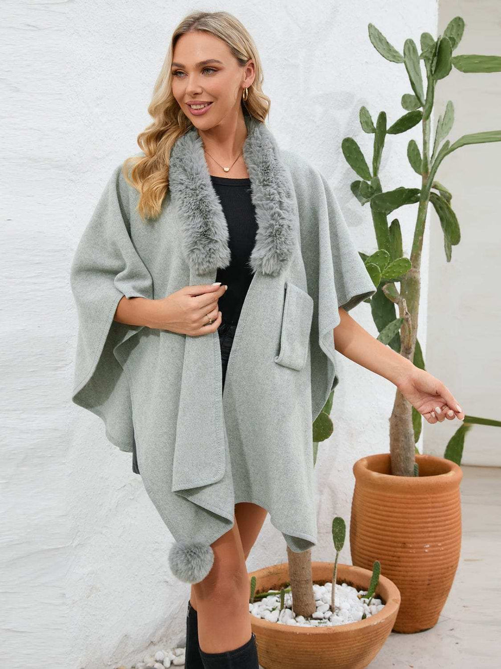 Fuzzy Trim Open Front Poncho - Trendsi - Flyclothing LLC