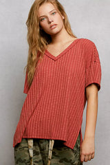 POL Ribbed Knit V-Neck Short Sleeve T-Shirt with Side Slit - Trendsi - Flyclothing LLC