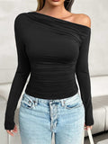 Ruched One Shoulder Long Sleeve T-Shirt - Trendsi - Flyclothing LLC