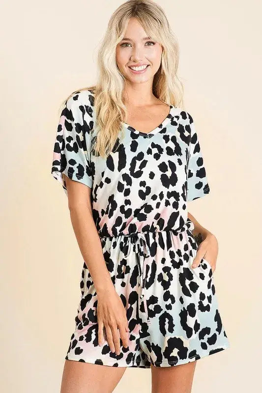 BiBi Gradation Leopard Soft Knit V-neck Romper - Trendsi - Flyclothing LLC