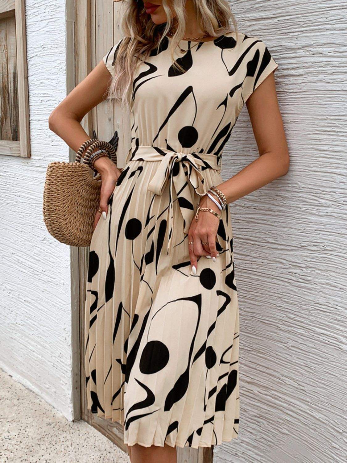 Tied Pleated Printed Cap Sleeve Dress - Trendsi - Flyclothing LLC