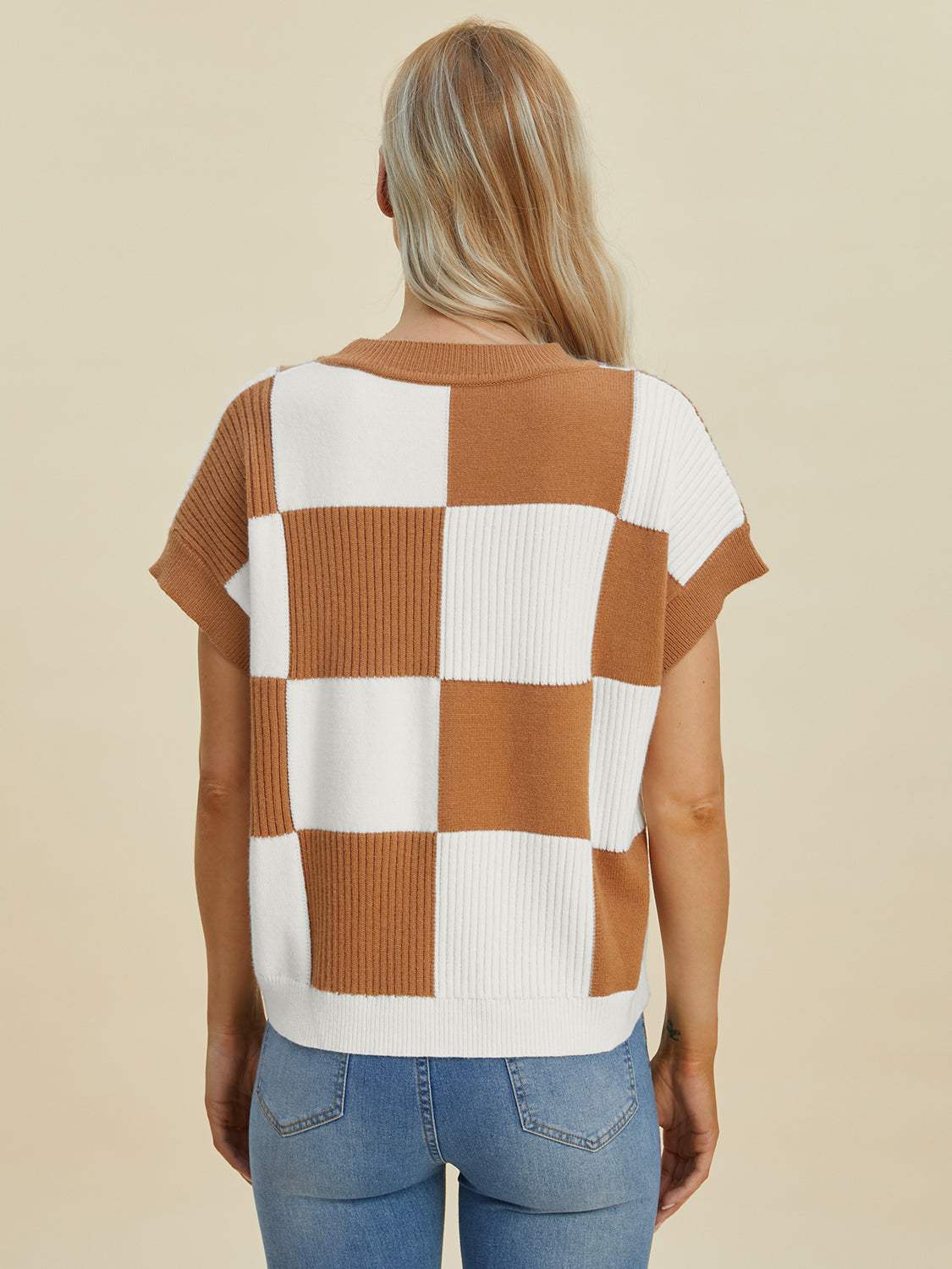 Double Take Full Size Checkered Round Neck Short Sleeve Sweater - Trendsi - Flyclothing LLC