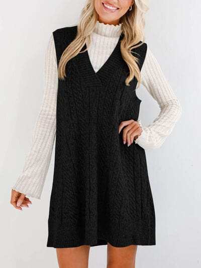Lovelet Cable Knit V-Neck Mini Sweater Overall Dress - Trendsi - Flyclothing LLC