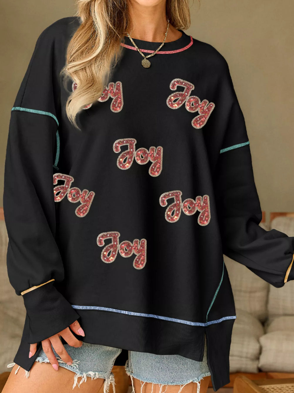Sequin Joy Letter Graphic Contrast Seam Detail Drop Shoulder Sweatshirt - Trendsi - Flyclothing LLC
