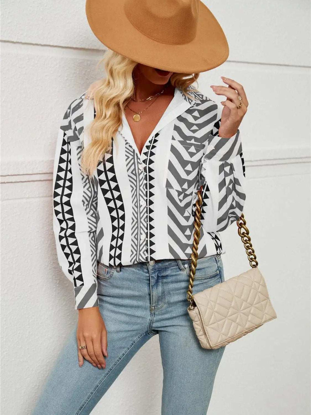 Geometric Collared Neck Long Sleeve Shirt - Trendsi - Flyclothing LLC