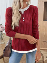 Ribbed Knit Long Sleeve Fake Two-Piece T-Shirt - Trendsi - Flyclothing LLC
