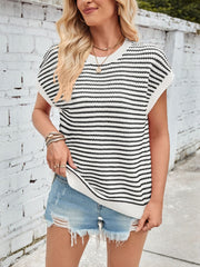Lovelet Striped Round Neck Cap Sleeve Sweater - Trendsi