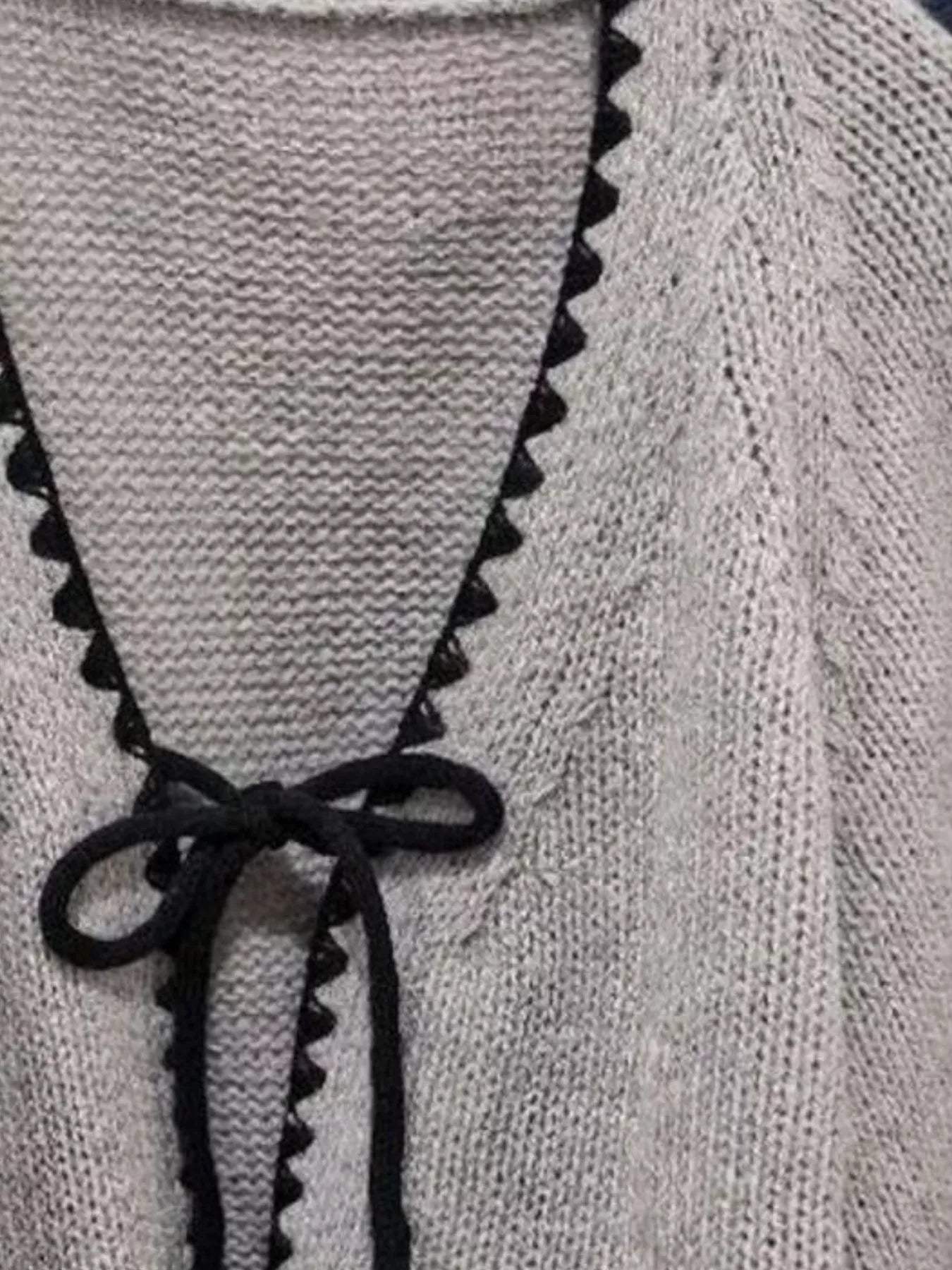 Full Size Chic Tie-Front Contrast-Trim Cardigan Plus Size - Trendsi - Flyclothing LLC