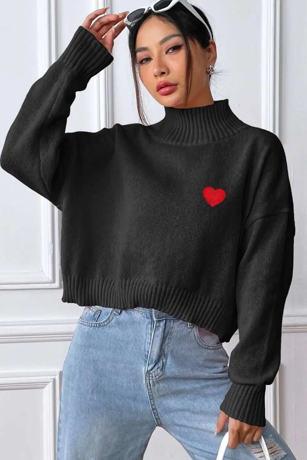 Heart Turtleneck Long Sleeve Sweater - Trendsi - Flyclothing LLC