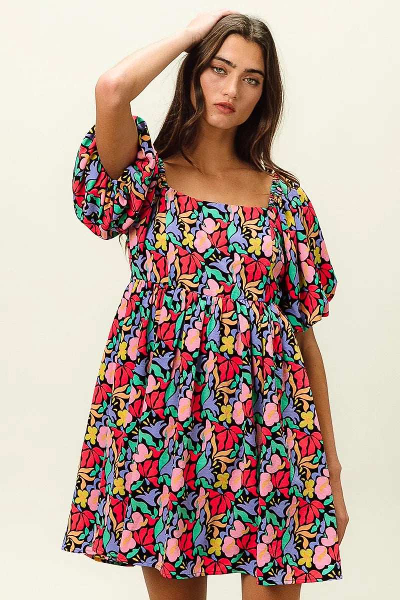 BiBi Floral Print Puff Square Neck Dress - Trendsi - Flyclothing LLC