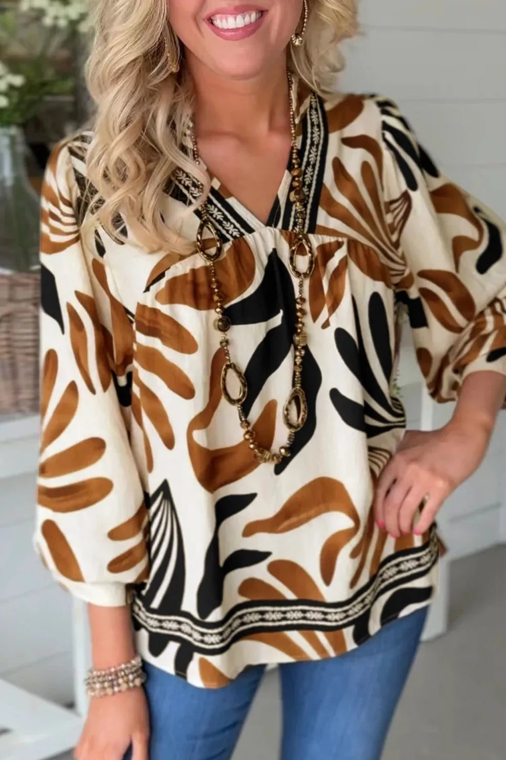 Abstract Print Puff Sleeve Loose Blouse - Trendsi - Flyclothing LLC