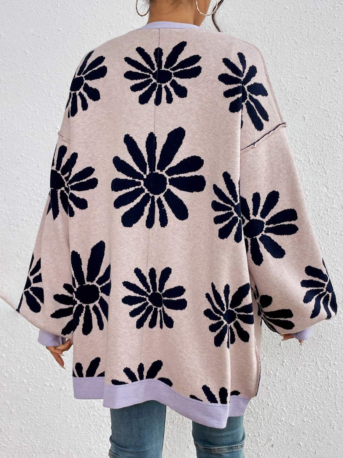 Contrast Dropped Shoulder Long Sleeve Cardigan - Trendsi - Flyclothing LLC