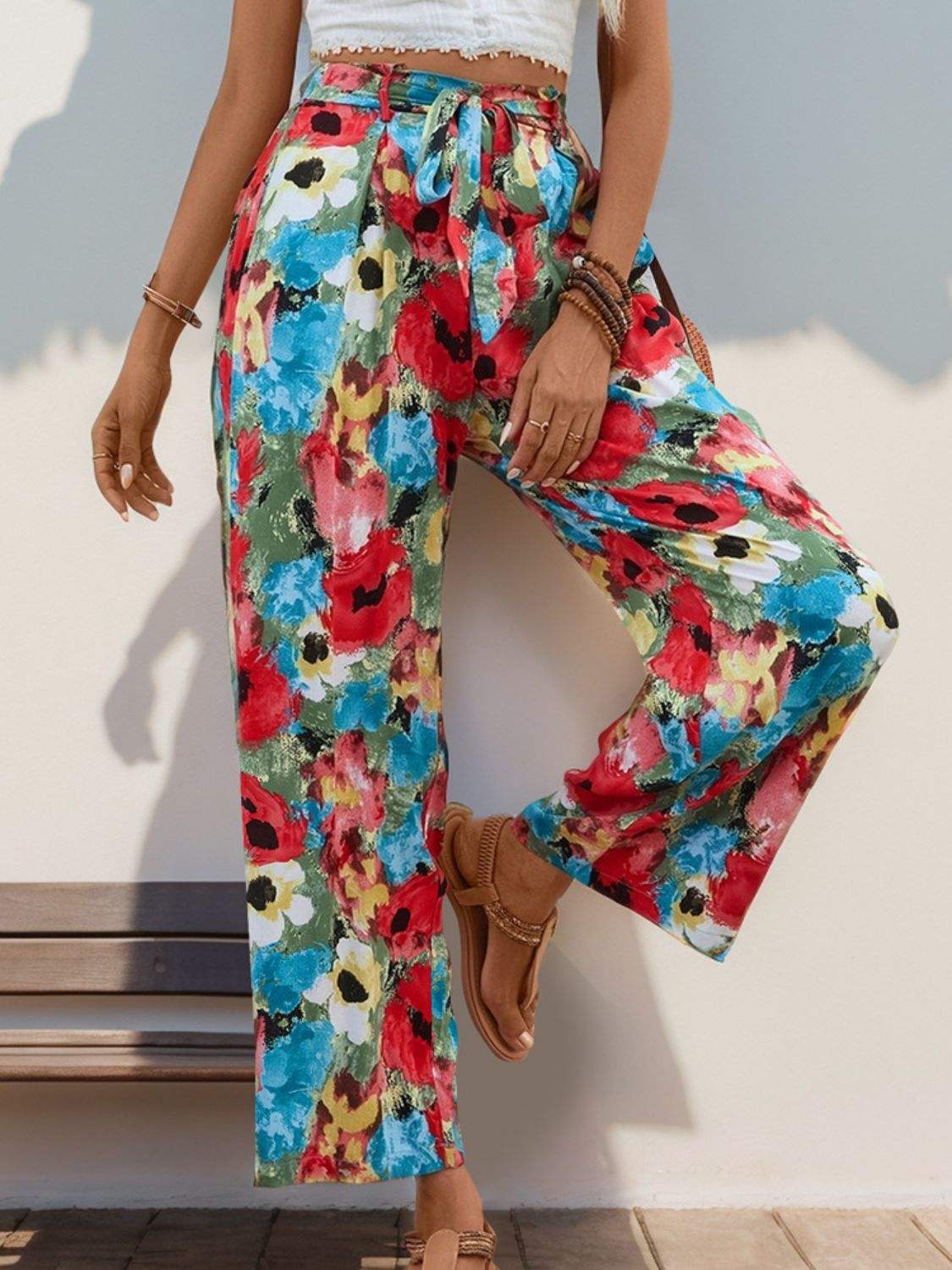 Tied Printed Wide Leg Pants - Trendsi - Flyclothing LLC