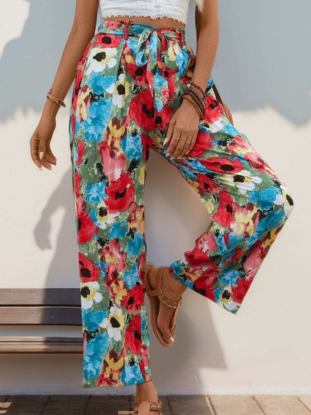 Tied Printed Wide Leg Pants - Trendsi - Flyclothing LLC