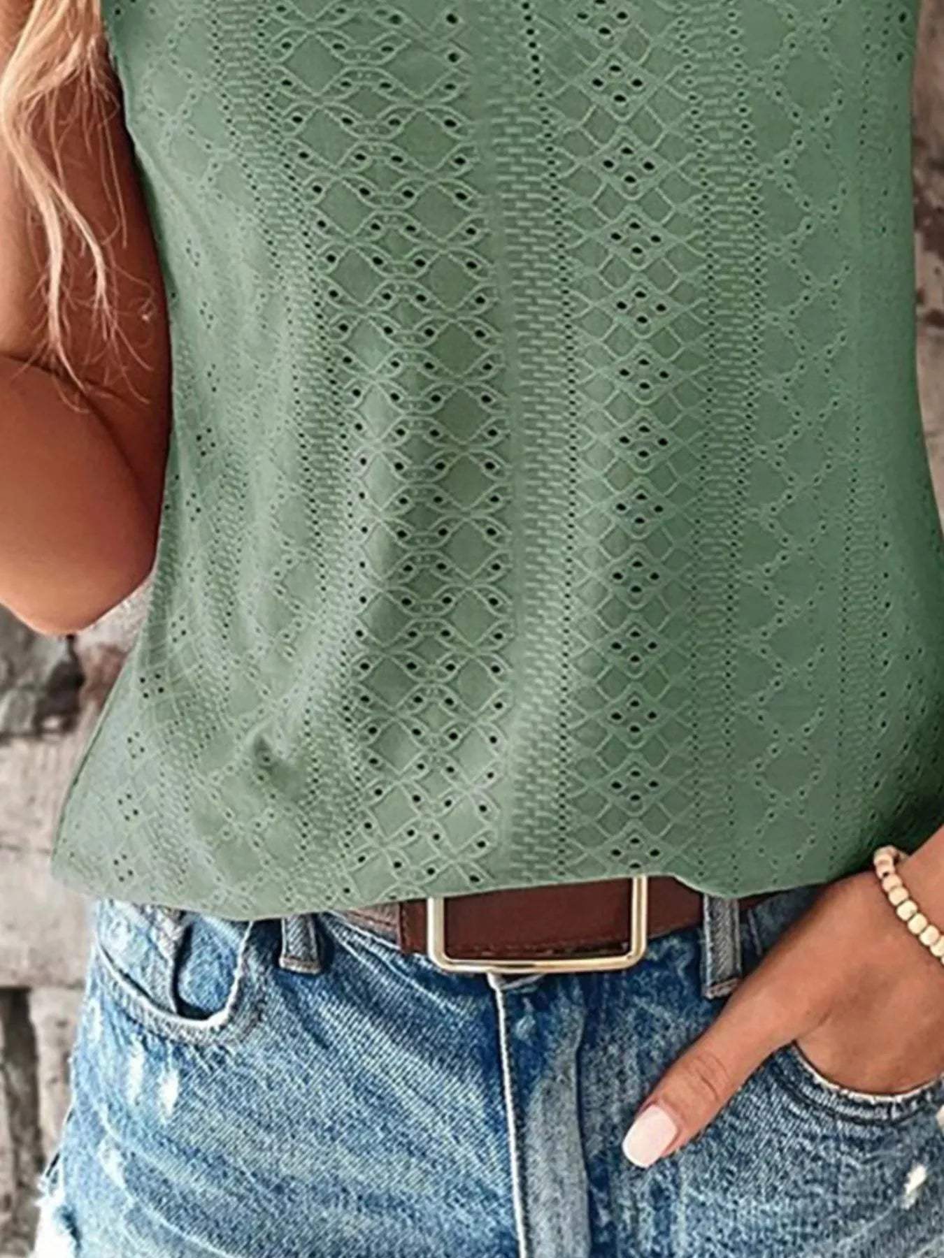 Eyelet Lace Trim V-Neck Tank Top - Trendsi - Flyclothing LLC