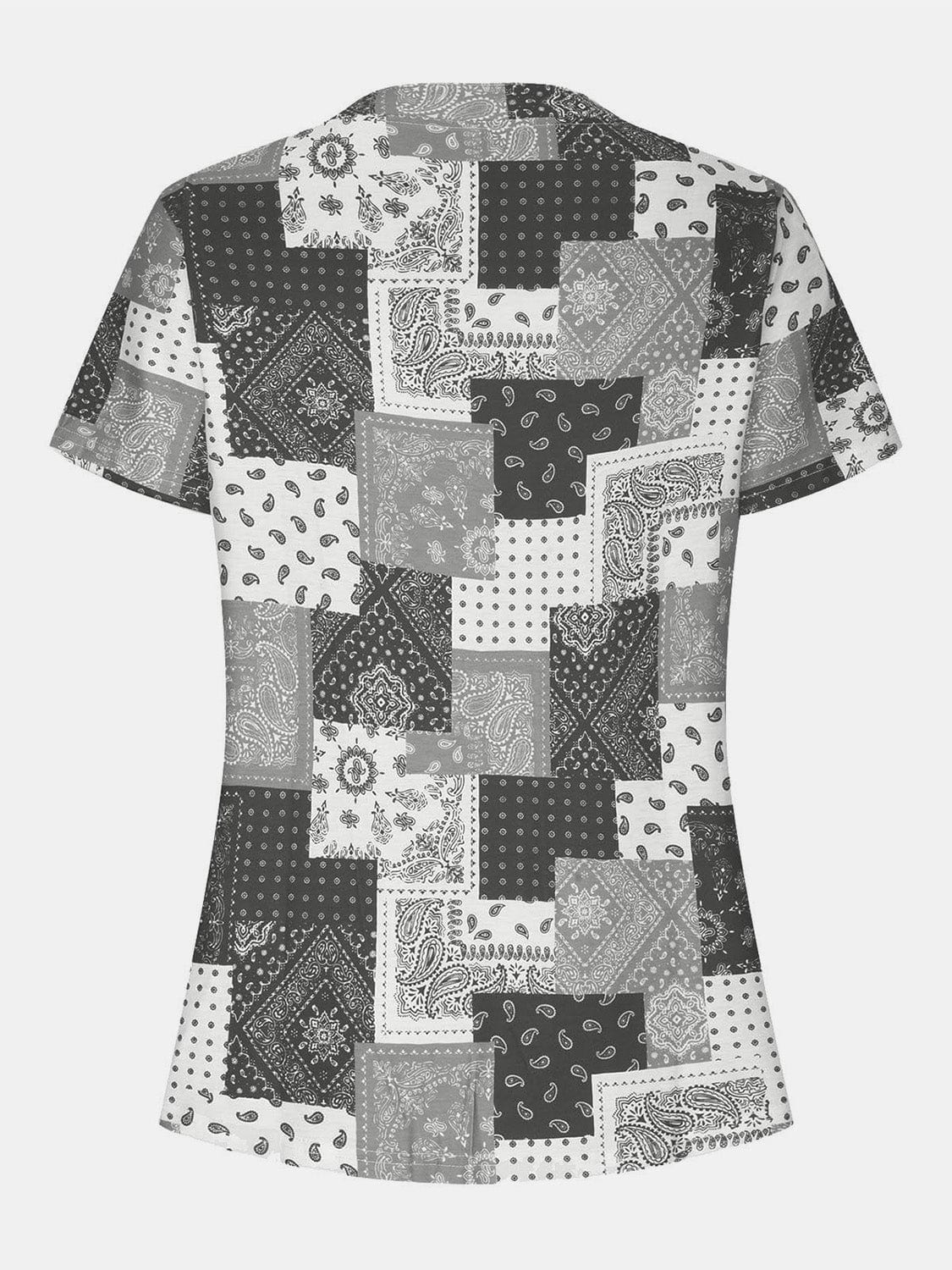 Printed Notched Short Sleeve Blouse - Trendsi