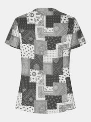 Printed Notched Short Sleeve Blouse - Trendsi