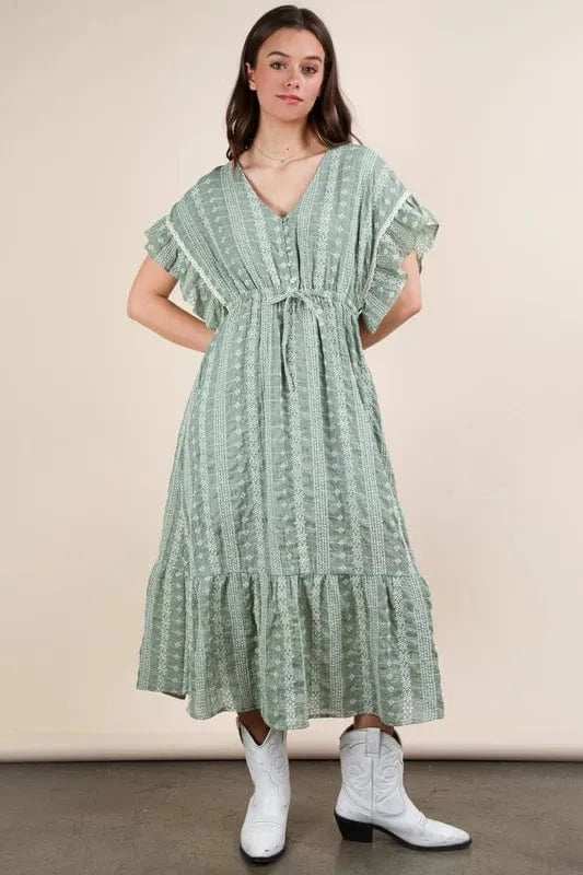 VERY J Embroidered Boho Ruffled Midi Dress - Trendsi - Flyclothing LLC