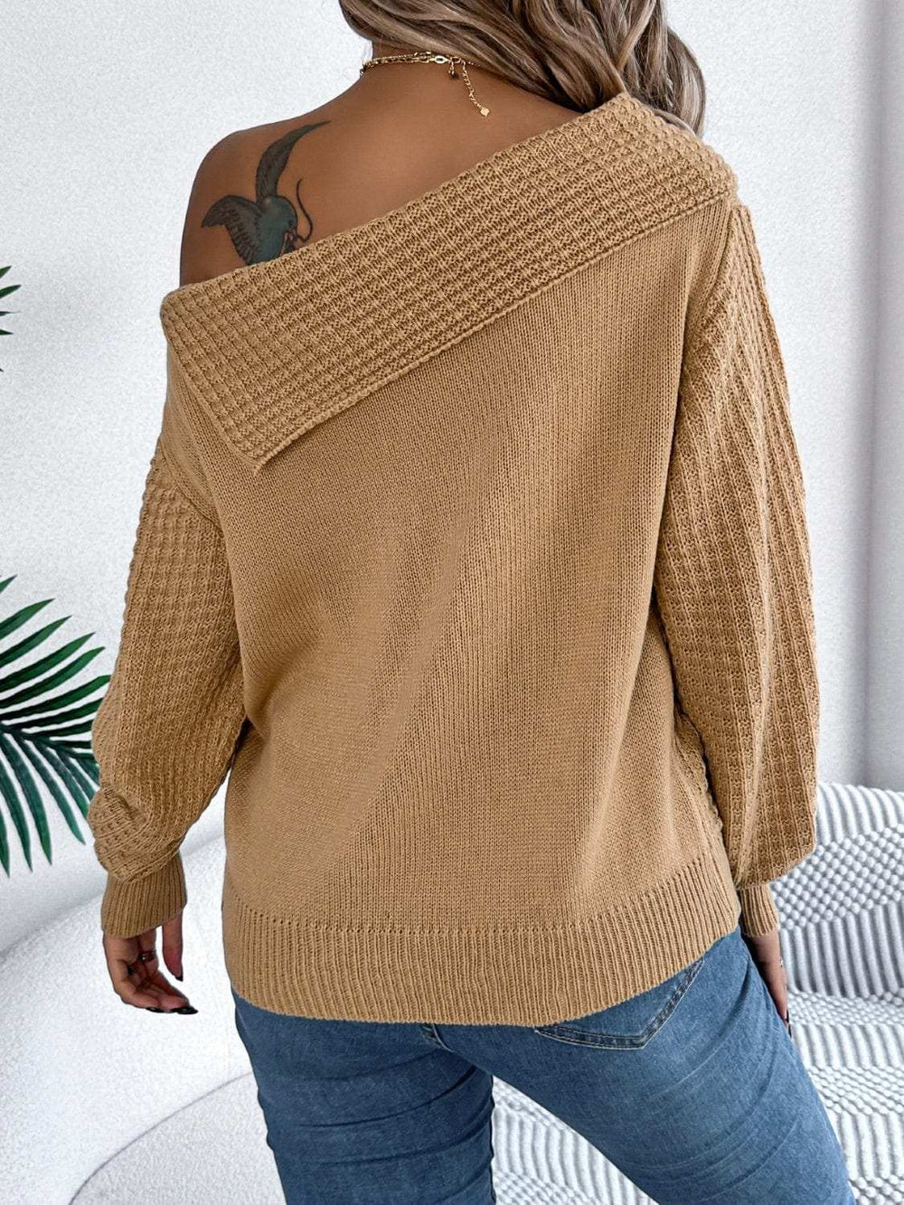 Cable-Knit One Shoulder Long Sleeve Sweater - Trendsi - Flyclothing LLC