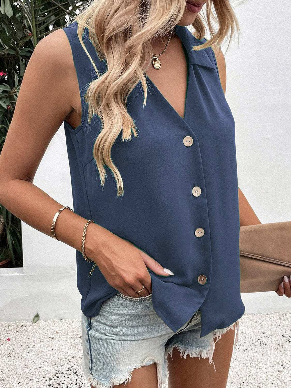 Full Size Johnny Collar Button Up Tank - Trendsi - Flyclothing LLC