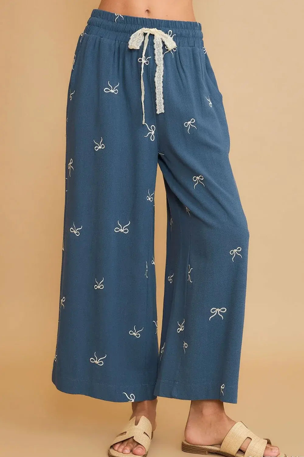 Umgee Full Size Lace Drawstring Embroidered Bow Wide Leg Pants Plus Size - Trendsi - Flyclothing LLC