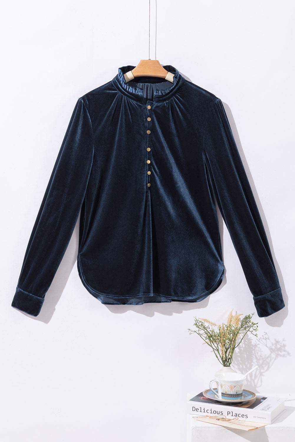 Frill Half Button Mock Neck Long Sleeve Blouse - Trendsi - Flyclothing LLC