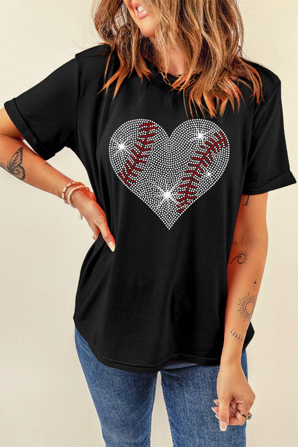 Rhinestone Heart Round Neck Short Sleeve T-Shirt - Trendsi - Flyclothing LLC