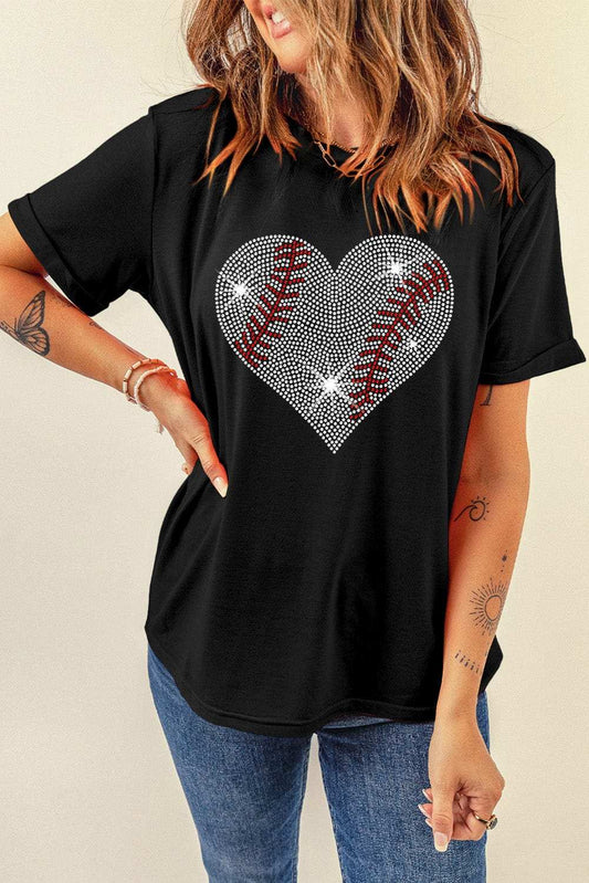 Rhinestone Heart Round Neck Short Sleeve T-Shirt - Trendsi - Flyclothing LLC