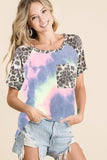 BiBi Tie Dye Knit Top with Leopard Raglan Sleeves - Trendsi