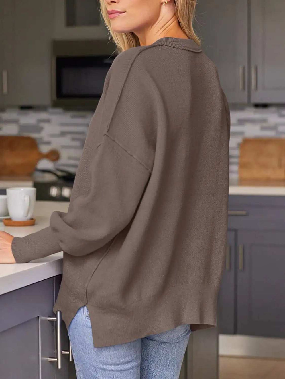 Slit Round Neck Dropped Shoulder Sweater - Trendsi - Flyclothing LLC