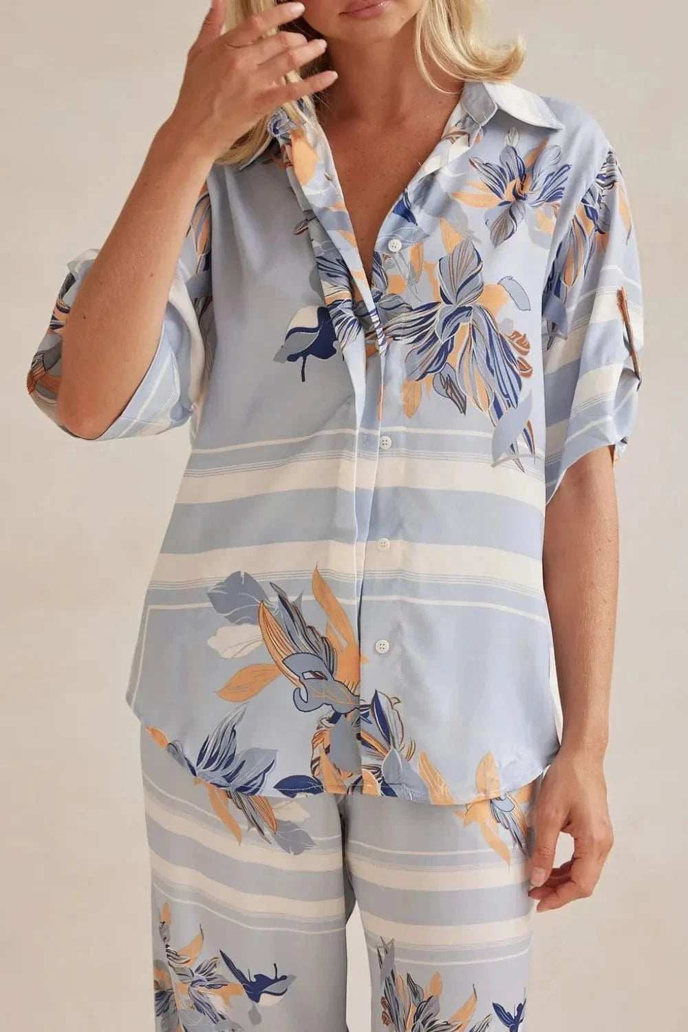 Printed Button Up Shirt and Pants Set - Trendsi - Flyclothing LLC