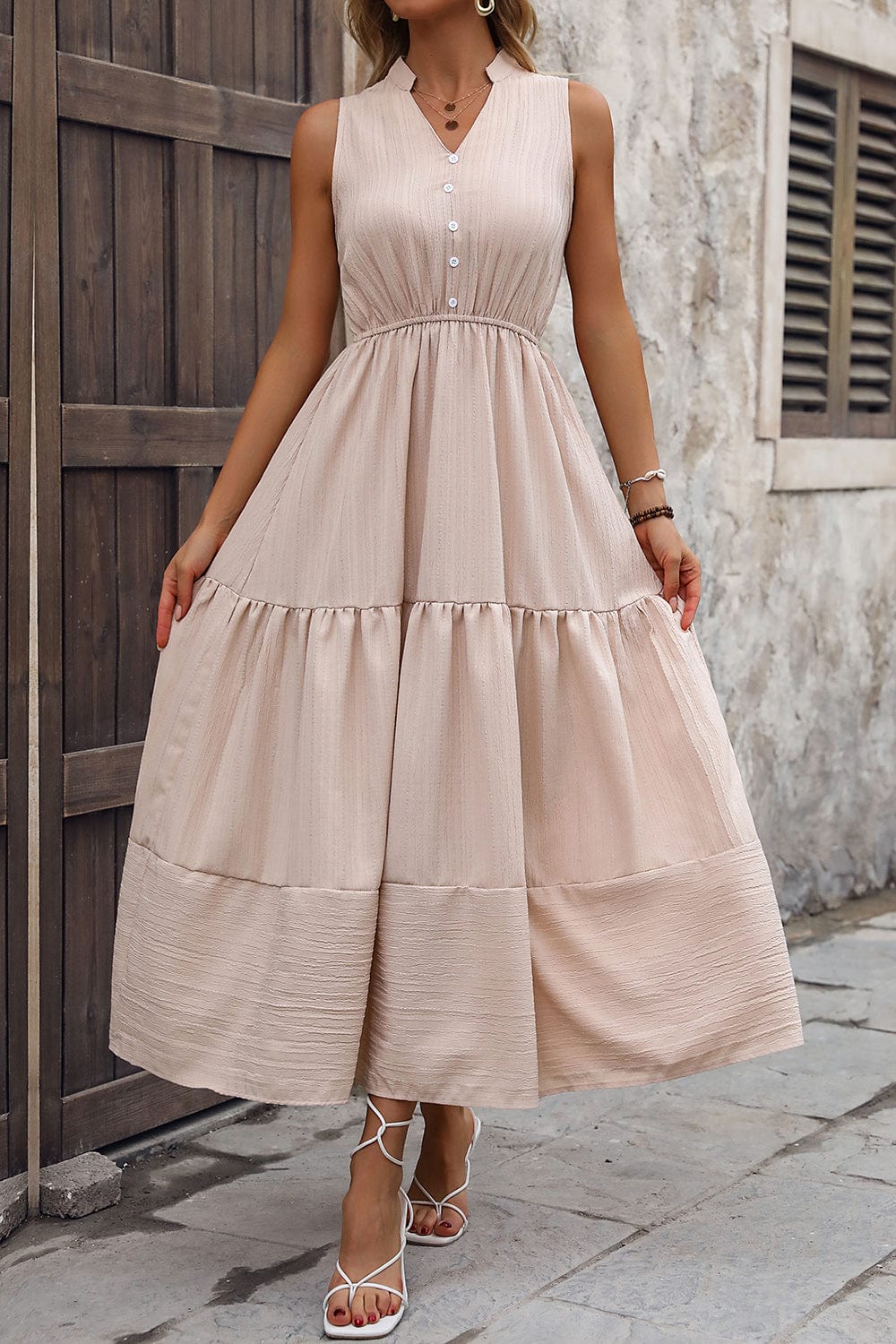 Decorative Button Notched Tiered Dress - Trendsi
